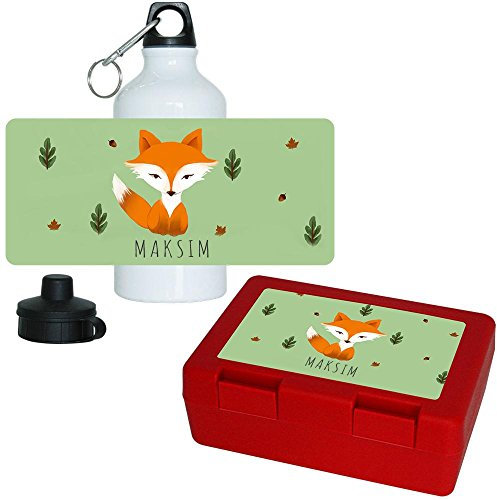 Eurofoto Brotdose + Trinkflasche Set mit Namen Maksim und Motiv mit Aquarell-Fuchs für Jungen | Aluminium-Trinkflasche | Lunchbox | Vesper-Box
