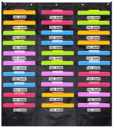 IGNPION 30 Pockets Hanging File Organizer Over Door Storage Pocket Chart | Nametag Slot, Cascading Paper Wall Organizer for Home Office School, Hanging Literature Magazine Paper Holder wth 5 Hooks