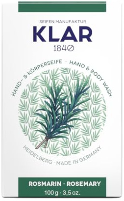 Klar Seifen Rosmarinseife 100 g Cosmos zertifiziert palmölfrei | Hand- und Körperseife mit würzigem Rosmarinduft, belebend, für normale Haut geeignet, Cosmos-zertifiziert, Modell 10986.