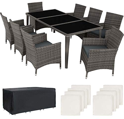 tectake Aluminium Poly Rattan Gartenmöbel Set 8 Stühle mit Tisch mit Glasplatten, inkl. 2 Bezugssets und Schutzhülle, wetterfeste Balkon Möbel - grau