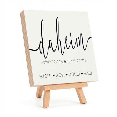 Daheim Zuhause Koordinaten Holzbild Einweihungsgeschenk zum Richtfest 15x15 zum hinstellen aufhängen mit Spruch auf Holz als Geschenk-Idee zum Einzug zur Einweihung