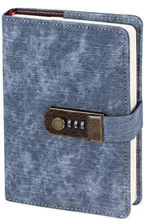Password Notebook B6 Vintage Notebook with Lock Retro Leather Journal Secret Diary Denim Textured Writing Notebook Lined Thick Agenda Meeting Book with Pen Holder Gift for Boys Girls