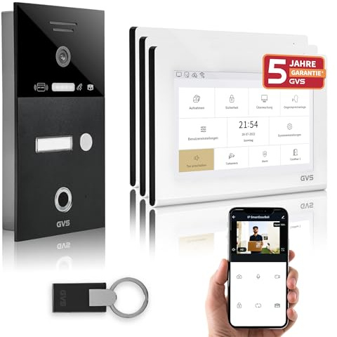 GVS Video Türsprechanlage mit Türöffner, Fingerprint, RFID, 3X 7 Monitore | Smarte Video Türklingel mit Kamera und Monitor & App - Gegensprechanlage für 1 Familienhaus (AVS4481U)