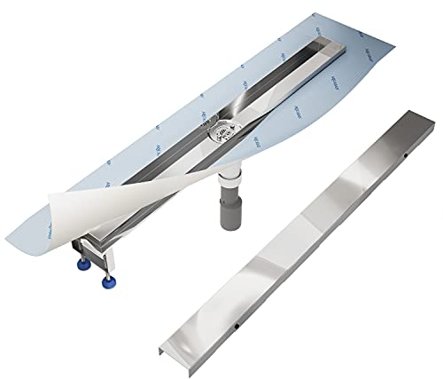 Aquabad Duschrinne SDS Premium aus poliertem V2A Edelstahl, Länge 70 cm, senkrechter Abgang Mitte, Ablfussrinne mit Blende: Bord, Siphon und Haarsieb