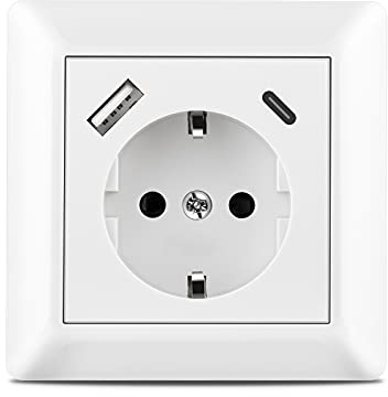 Sasudose USB Steckdose Weiß Unterputz Schuko Steckdose mit USB Anschluss und Typ C (Max. 3.4A) System 55 Reinweiß Glänzend Wandsteckdose Passent in Standard Unterputzdose, Sockeltiefe nur 32mm