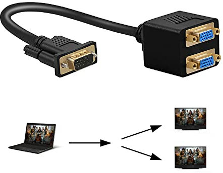 VGA-Splitterkabel, 15-poliger SVGA-Stecker auf Dual-Buchse, Y-Adapter, D-SUB-Verteiler, ein Signal auf 2 Monitore für PC, Video, Computer, TV-Projektor (Länge: 25 cm)
