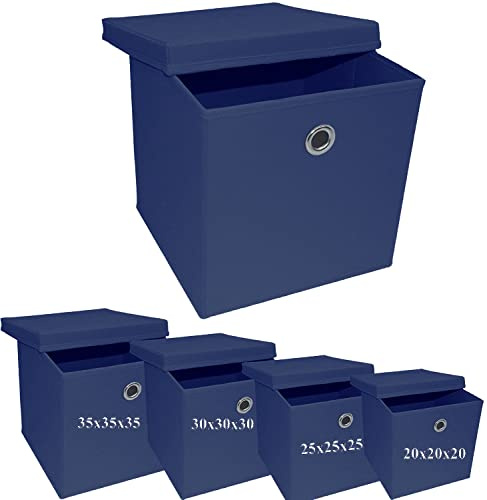 A406 3x Foldable Storage Boxes with Lid Storage Basket with Lid Fabric Cubes with Handles Collapsible Fabric Organiser Clothes Storage Box (Small -20x20x20cm, Navy Blue)