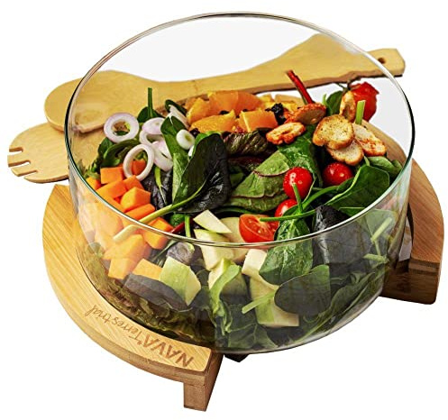 NAVA Glasschüssel SALATSCHÜSSEL mit Bambusständer Löffeln 24 cm | 5 l