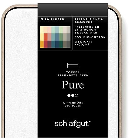 schlafgut Pure Topper Spannbettlaken 120x200 cm Bio-Baumwolle, Full-White | Bettlaken, Spannbetttuch 130x200, 130x220 cm, Weiß, Topper, bis 10 cm Steg, Bio Baumwolle Elasthan, Made in Green