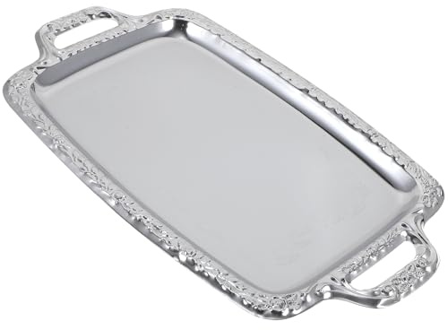 Cabilock Silver Serving Tray with Handles, Large Rectangular Stainless Steel Ottoman Platter, Polished Metal Vanity Perfume Organiser for Coffee Table Decor (39x23cm)
