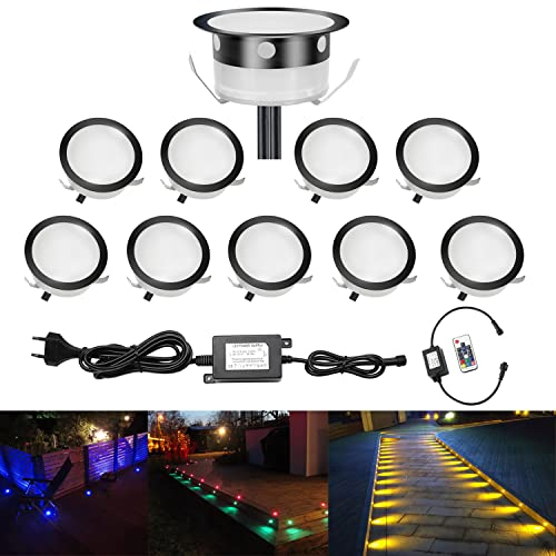 CHNXU 10er Set Terrasse Einbauleuchte RGB Farbwechsel LED Bodeneinbaustrahler DC 12V Treppen Bodeneinbaustrahler, IP67 Wasserdicht Aussen 0,2W - 0,4W Boden Lampe für Küche Garten Balkon, Schwarz