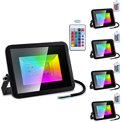 Izrielar Faretto RGB, proiettore 5x10W, cambio colore, colorato, dimmerabile con telecomando, 16 colori 4 modalità, proiettore LED funzione memoria, IP66 impermeabile per palcoscenico da giardino