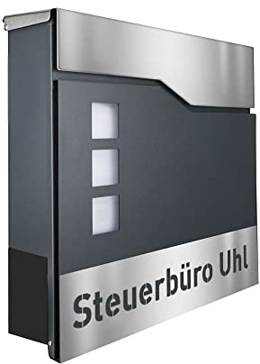 Briefkasten Wandbriefkasten anthrazit pulverbeschichtet mit Zeitungsfach, eleganter Laser Cut Edelstahlblende und Edelstahldeckel, individuelle Beschriftung
