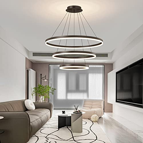 Mikeru Lampada a sospensione a LED da tavolo da pranzo, 3 anelli, moderno lampadario rotondo, dimmerabile con telecomando, illuminazione a soffitto, altezza regolabile da 1 a 150 cm, adatta per tavolo