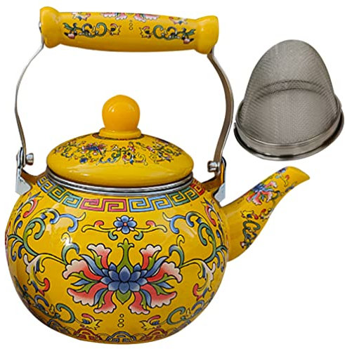 Healeved Enamel Tea Kettle with Ceramic Handle and Infuser, 2.2L, Yellow, Stovetop Induction Cooker, No Whistling