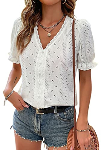 Minetom Chemise Femme Dentelle Tee Shirt Été Manches Courtes Col V Blouse Élégant T Shirt Casual Chemisier Haut Tops F Blanc M