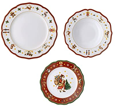 Hutschenreuther Happy Wintertime rotes Weihnachtsgeschirr 6 Personen Set, Porzellan, mehrfarbig, 6 Frühstücksteller, 6 Speiseteller & 6 Suppenteller, spülmaschinen- & mikrowellenfest