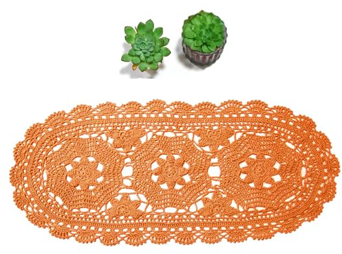 BIBITIME Handmade Crochet Beauiful Hollow 3 Flowers Lace Doilies Oval Tablecloth Placemat Wedding Room Table Desk Vase Mats Home Kitchen Placemats (10 x 22,Pack of 1 PC, Orange)