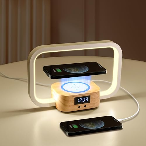 Nachttischlampe mit Drahtloses Ladegerät & USB-Aufladung, 5 Farbtemperaturen Stufenloses Dimmen Berührungssteuerung LED-Tischlampe, 3 Helligkeit Holz Uhranzeige Nachtlicht für Schlafzimmer (EU)