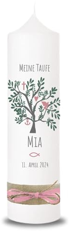 VILLA ROSA LOTTA - Personalisierbare Taufkerze Mia mit Wunschdaten und Rückseite I Lebensbaum Motiv I 25 cm x 7 cm I Taufkerzen für Jungen und Mädchen I Farbe elfenbein weiß