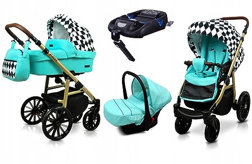 BabyLux® Kinderwagen Set 4 in 1 - Aspero - incl. Babywanne, Buggy Sportsitz, Auto-Babyschale, ISOFIX-Basisstation - Autositz - Kinderwagenset - Kombikinderwagen mit Wickeltasche usw.