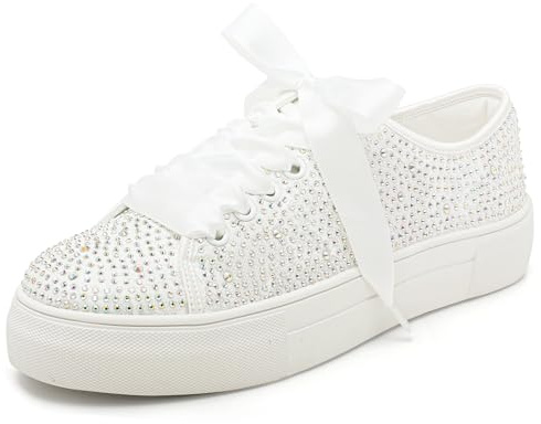 Elivandon 9995 bröllopsskor spets brudsneakers 3,7 cm plattform brud tennisskor glittrande strass bröllop sneakers, Elfenben, 36 EU