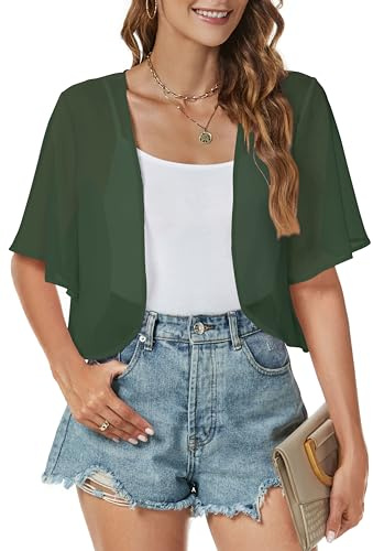 Gosunny Mädchen Bolero Shrug Elegante Weiche Chiffon Kurzblazer Casual Kurzarm Tops für Formelle Kleider（Dunkelgrün，M）