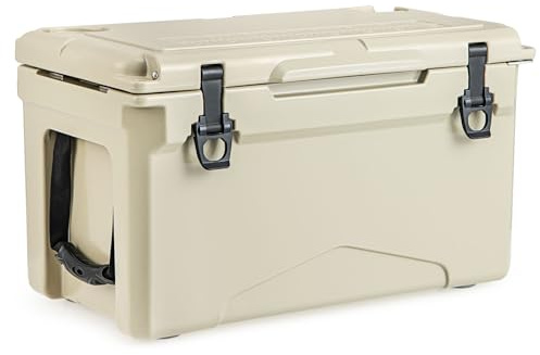 COSTWAY 25QT/30QT/50QT Rotomolded Enhanced Ice Cooler Box, Portable Ice Retention Boxes with Cup Holders and Bottle Opener, Insulated Ice Chest, 5-7-day Ice Retention (28L, with Aluminum Handle, Tan)