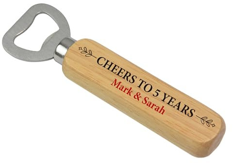 Beecreative Personalised 5th Wedding Anniversary Gifts for Husband - Cheers To 5 Years Anniversary Gifts - Wood Gifts For 5th Anniversary - Wooden Beer Bottle Opener Gift from Wife