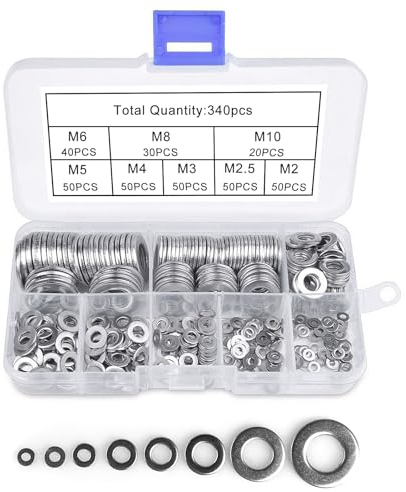 Diompirux 340Pezzi Rondelle Piatte inox 304 con 8 dimensioni, rondelle piane e rondelle di sicurezza, per la domestica, riparazioni in fabbrica, cucine,Guarnizioni O'Ring(M2,M2.5,M3,M4,M5,M6,M8,M10)