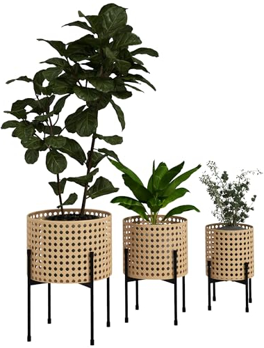 Outsunny 3er-Set Pflanzenständer Blumenständer mit Rattanoptik Pflanzenhocker Blumenhocker für Innen und Außenbereich Stahl Gold
