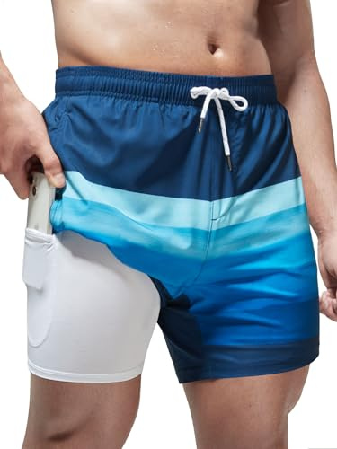 Arcweg Badshorts för män med kompressionsfoder, badbyxor för män, 2-i-1 badshorts med foder och blixtlåsfickor, snabbtorkande och stretchiga surfing-badshorts, Marinblå rand, L