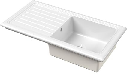 Balterley Ceramic Kitchen Sink with Drainer & Overflow Hole, 101cm Bowl Inset Fireclay White Kitchen Sink, Single Bowl Reversible Ceramic Sinks with Grooved Drainer - 1010 x 525 x 235mm (White)