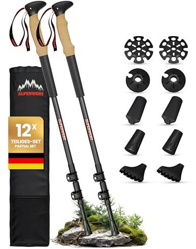 ALPENWERT Wanderstöcke [Carbon & Aluminium] Walking Stöcke für Damen und Herren - Teleskop Trekkingstöcke mit Korkgriff zum Wandern, Nordic Walking und Skitouren (Carbon)