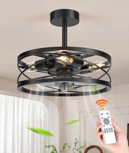 Fivesun Ventilador de techo enjaulado con luz con control remoto, ventilador de techo industrial sin aspas de 17 pulgadas con control remoto, luces de ventilador de granja de techo de 6 velocidades,