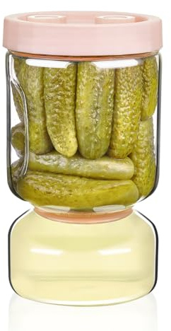 ZENS Pickle Jar with Strainer, 1500 ml Glass Flip Pickle Storage Jar for Pickle Juice Separator, Pickling Jars Hourglass Pickle Container Leak-proof for Gherkin Olive, Gifts for Mom, Pale Pink