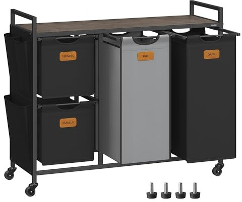 VASAGLE Wäschekorb 4 Fächer, Wäschesammler 150 L, Wäschesortierer, Rollen, Wäschewagen mit Ablage, Wäschesack, kleine seitliche Taschen, 6 Etiketten, kastanienbraun-tintenschwarz-taubengrau BLH203B01
