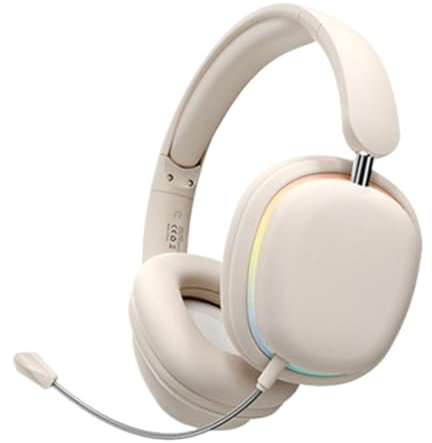 Fiauli Bluetooth Headphones Over Ear,Wireless Headphones with RGB Lighting,Stereo Sound Lightweight Foldable Gaming Earphones with Mic,20H Playtime Headphones Wireless Bluetooth for Travel (Beige)