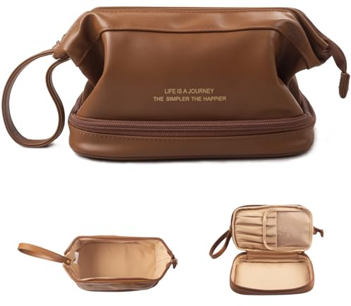 Abiudeng Kosmetiktasche Kulturtasche Kulturbeutel-Damen Schminktasche Groß Wasserdicht Make up Organizer Tasche Reisen Kosmetiktasche mit Pinselfach Make up Tasche Klein für Frauen-Braun