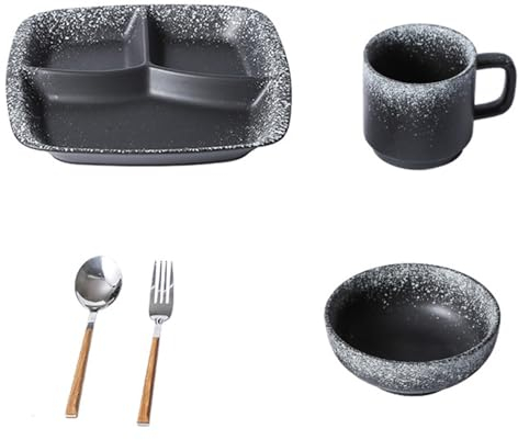 Juego de platos divididos de cerámica de estilo japonés para una persona con cuenco de sopa, cuchara, tenedor, ideal para aperitivos, postres y arroz