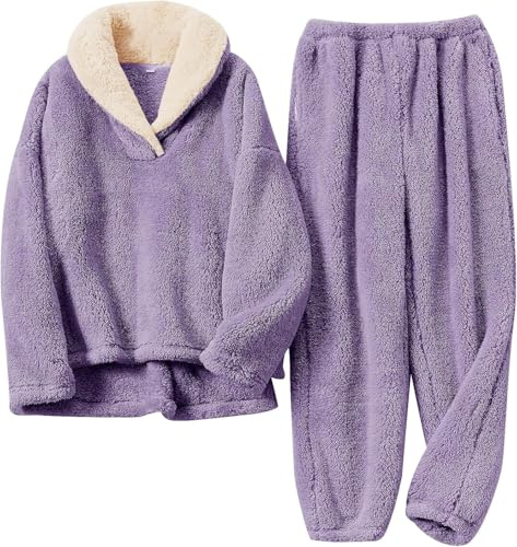 Famulily Women Fuzzy Pajamas Sets Cosy Loose Tops and Fluffy Soft Pants with Pockets Loungewear 2PCS Purple L
