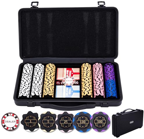 Engelhart – 320951 – Pokerset svart metallväska med 300 marker (14 g) numrerade (1–500), 2 kortlekar, 1 dealerknapp, 5 tärningar