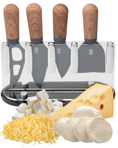 Taylors Eye Witness 4 Piece Cheese Knife Set & Block - Stylish Cheese Knives Gift Box Set. with Elegant Walnut Wood Effect, Peardrop Shape Handles & Transparent Acrylic Holder. 2 Year Guarantee