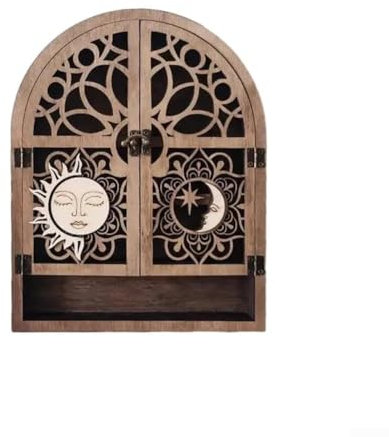 babominimer Étagère de rangement en bois motif soleil et lune, présentoir à cristaux, étagère murale à suspendre pour pierres, vernis à ongles et huiles essentielles