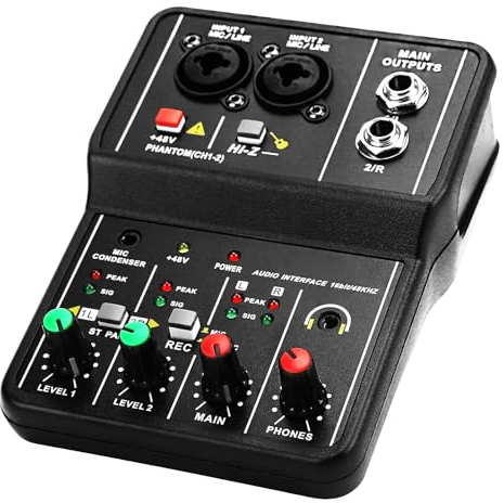 Mixer Audio, Interfaccia Console Mini Mixer DJ Audio a 2 Canali con Alimentazione Phantom 48 V, Jack Combinato Microfono/chitarra XLR+6,35 Mm, Ingresso Stereo da 3,5 Mm, Jack per