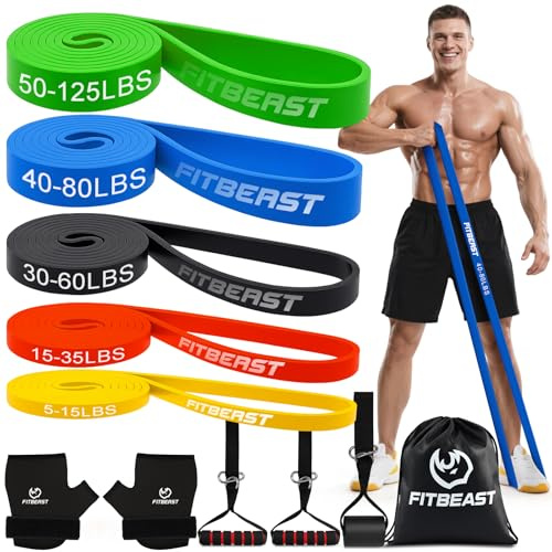 FitBeast Resistance Bands Set, 5 Levels Pull Up & Exercise Bands with Handles & Door Anchor for Full Body Training, Home & Gym (5-Piece Set 5-125 lbs)
