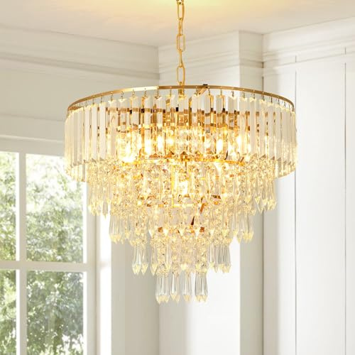 Seenvlog Moderner Kristall-Kronleuchter für das Esszimmer,Φ50cm Gold Kristall Pendelleuchte, Zeitgenössischer Rautropfen-Kronleuchter für Wohnzimmer Schlafzimmer Eingang Treppe