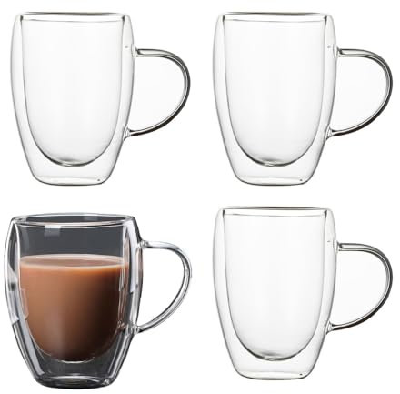 LoveFirst 4x450ml Large Capacity Double Walled Coffee Glasses Mugs with Handle Cappuccino Latte Macchiato Glasses Cups, Heat Resistant Dishwasher Safe for Hot Drinks Tea Milk Juice Ice Cream