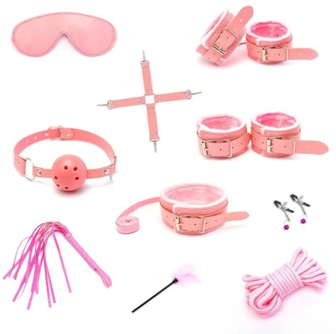 Set BDSM 10 pièces, sets de lit SM, set bondage avec fouet à plumes et masque pour les yeux, menottes, entraves, plumes, pinces à tétons, jouets sexuels fétichistes, set de bondage (rose)