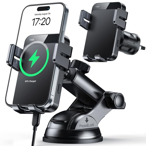 MOKPR Car Phone Holder Wireless Charger, 15W Wireless Car Charger | Auto Clamping Car Phone Holder Air Vent/Dash/Windshield for iPhone 17/16/15/14/13/12&Samsung S26/S25/S24/S23/S22 (Deep Grey)